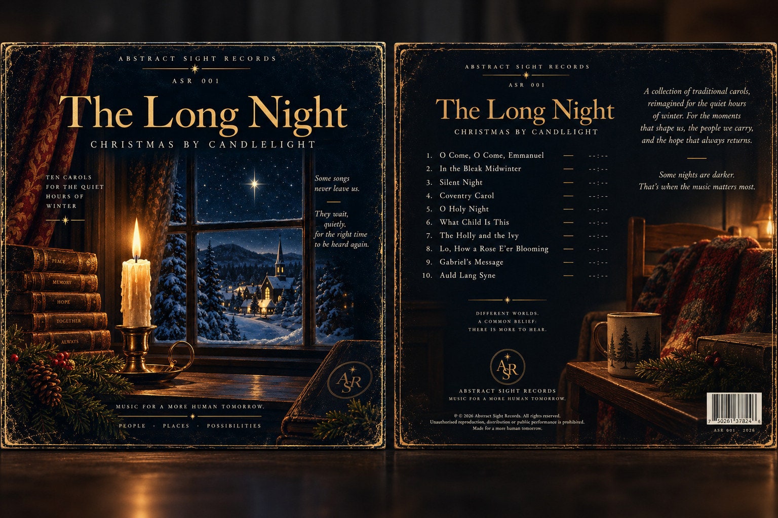 The front and back of The Long Night sleeve, side by side: the candlelit window on the front, the track listing on the back.